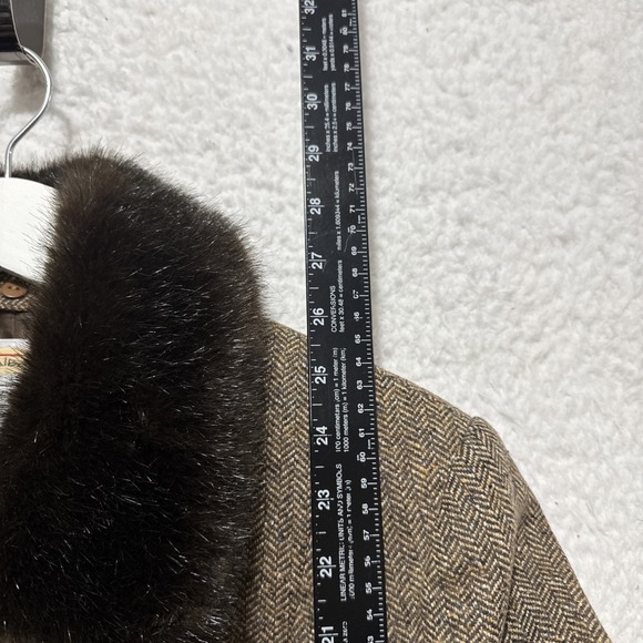 VTG Talbots Jacket Womens 10P Brown Long Sleeve Herringbone Faux Fur Collar RARE - Picture 14 of 14